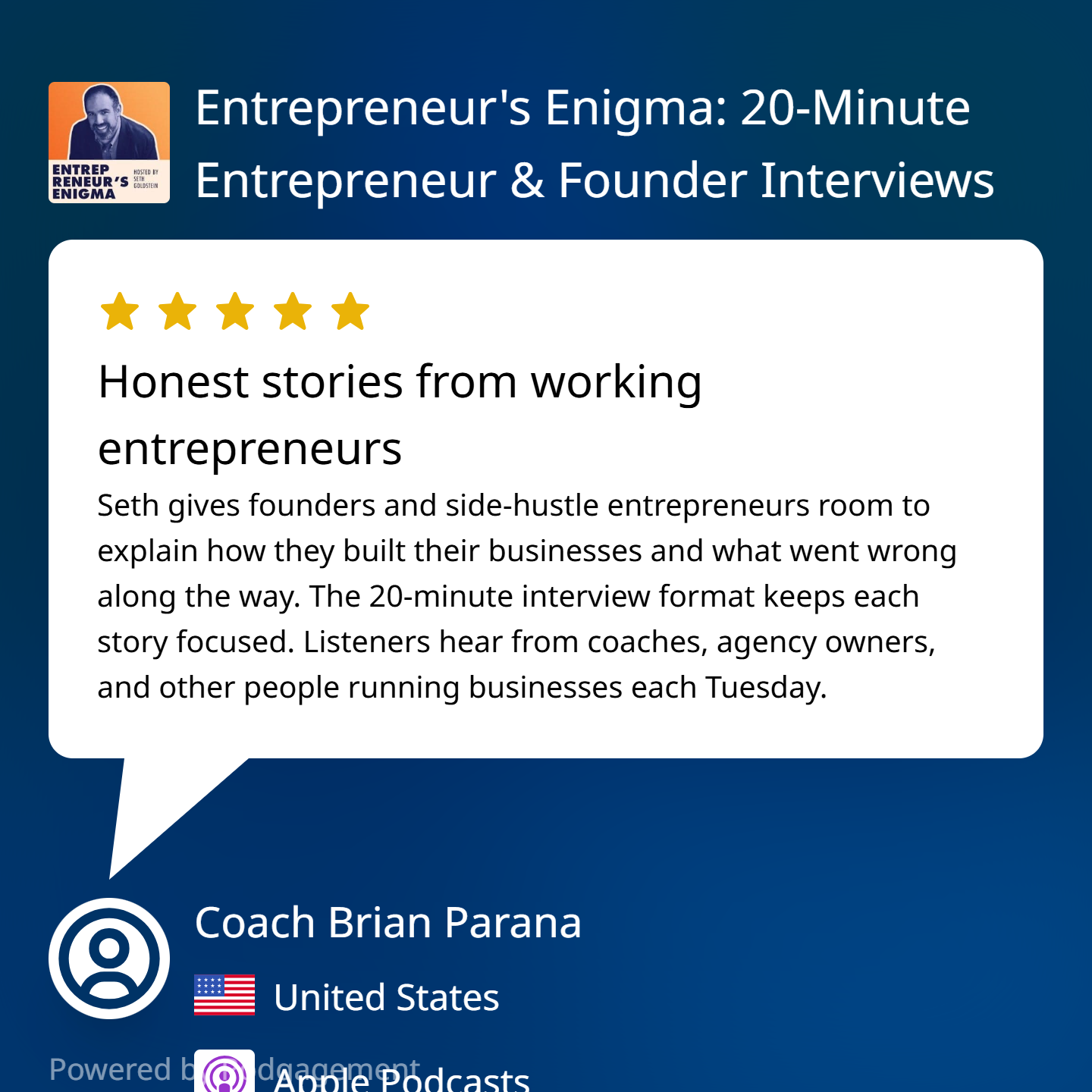 Entrepreneurs Enigma 20 Minute Entrepreneur Founder Interviews review bubble 1x1 dark